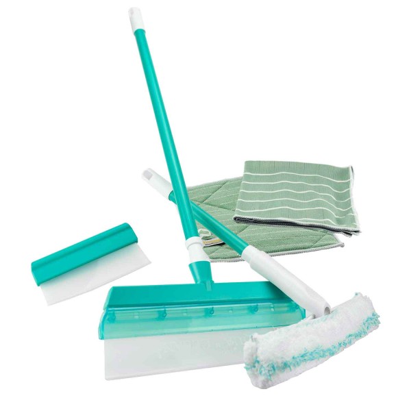 Aqua window wiper set, big and small with bamboo cloth, pre-cleaning cloth and telescopic handle