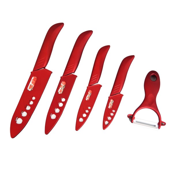 Keramikmesser Set Kochmesser Rot mit Rosenmuster scharf jedes Messer mit Klingenschutz