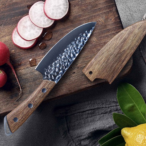 Small very nice chef's knife hammered look A universal knife handy and sharp with wooden sheath