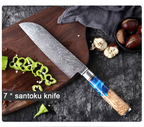 Santoku Damastmesser, das Koch und Küchenmesser mit exklusiven, unikaten Holzgriff