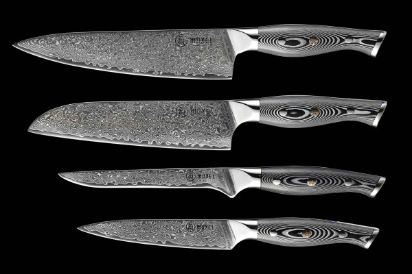 4-piece knife set Damascus V10 stainless steel 62-layer Santoku knife, chef's knife, vegetable knife and boning or filleting knife extra sharp V-edge for left- and right-handers