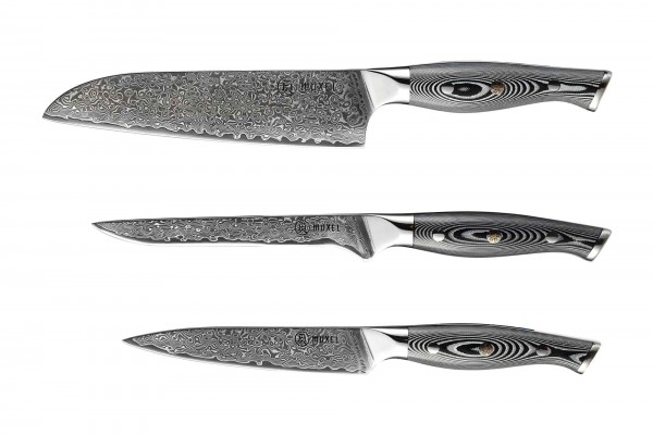 3-piece knife set Damascus V10 stainless steel 62-layer Santoku knife, vegetable knife and boning or filleting knife extra sharp V-edge for left- and right-handers