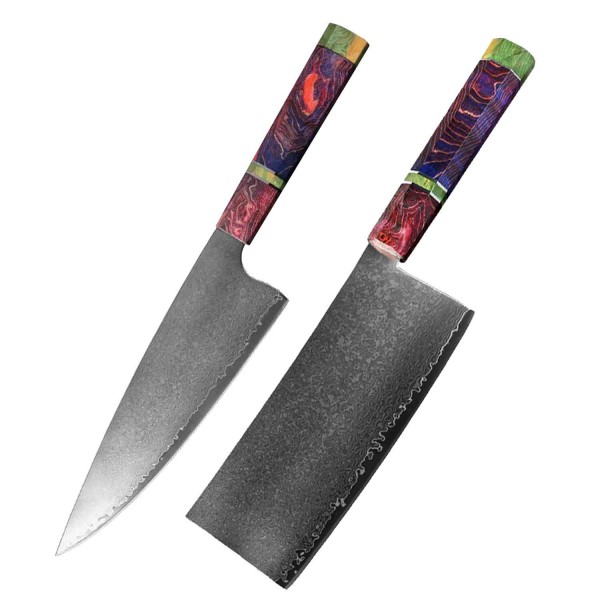 Messer SET Damastmesser, das Koch und Hackmesser mit exklusiven, unikaten Holzgriff