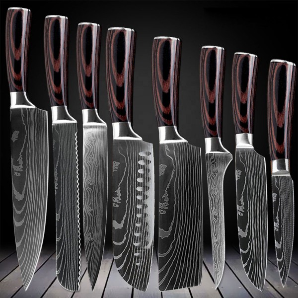 Profi Messer Set, Scharfe Kochmesser aus Edelstahl im Damast Stil Farbiger Holzgriff Extrem scharfe
