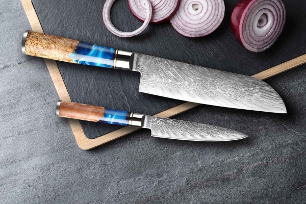 2-tlg. Messer Set Santoku and Utility Knife Scharf - Küchenmesser mit exklusiven, unikaten Holzgriff