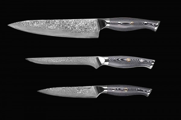 Hochwertiges Messer Set Damast V10 Edelstahl 62 Lagen Kochmesser, Gemüsemesser und Ausbeinmesser