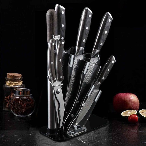 Stylischer Messerblock, Messerständer bestückt mit 4 Messern, Geflügelschere und Abzieher